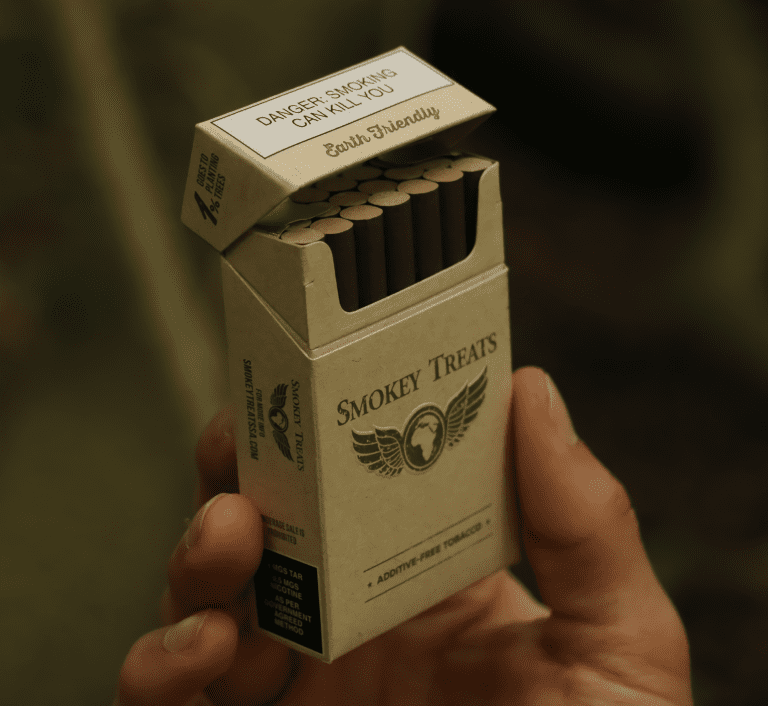 The Original Smokey Treats Cigarettes - which are manufacturer cigarettes. They have biodegradable filters, unbleached cigarette paper, and tobacco without artificial additives. It is an eco conscious cigarette product, but still bad for one's health. The idea is to present the eco conscious, earth friendly, sustainable, environmental, compostable, natural, and the eco aspects of the product. The Original Smokey Treats Cigarettes - which are manufacturer cigarettes. They have biodegradable filters, unbleached cigarette paper and organic tobacco. It is an eco conscious cigarette product, but still bad for one's health. The idea is to present the eco conscious, sustainable, environmental, compostable, natural, and the eco aspects of the product. Die Original "Smokey Treats", umweltbewusste, handgerollte Zigaretten, verkauft in einem kleinen Umschlag, der von Hand gestempelt wurde. Sie haben biologisch abbaubare Filter, ungebleichtes Zigarettenpapier und organischen Tabak. Es handelt sich um ein umweltbewusstes Zigarettenprodukt, das jedoch immer noch schädlich für die Gesundheit ist. Die Idee ist, die umweltbewussten, nachhaltigen, umweltfreundlichen, kompostierbaren, natürlichen und ökologischen Aspekte des Produkts zu präsentieren.